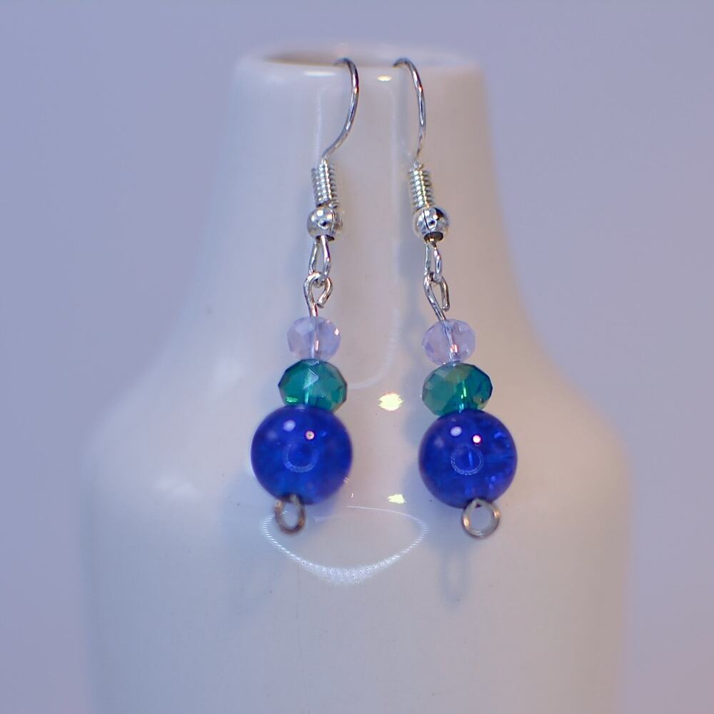 Blue and Green Glass Bead Earrings; Handmade Sterling Silver